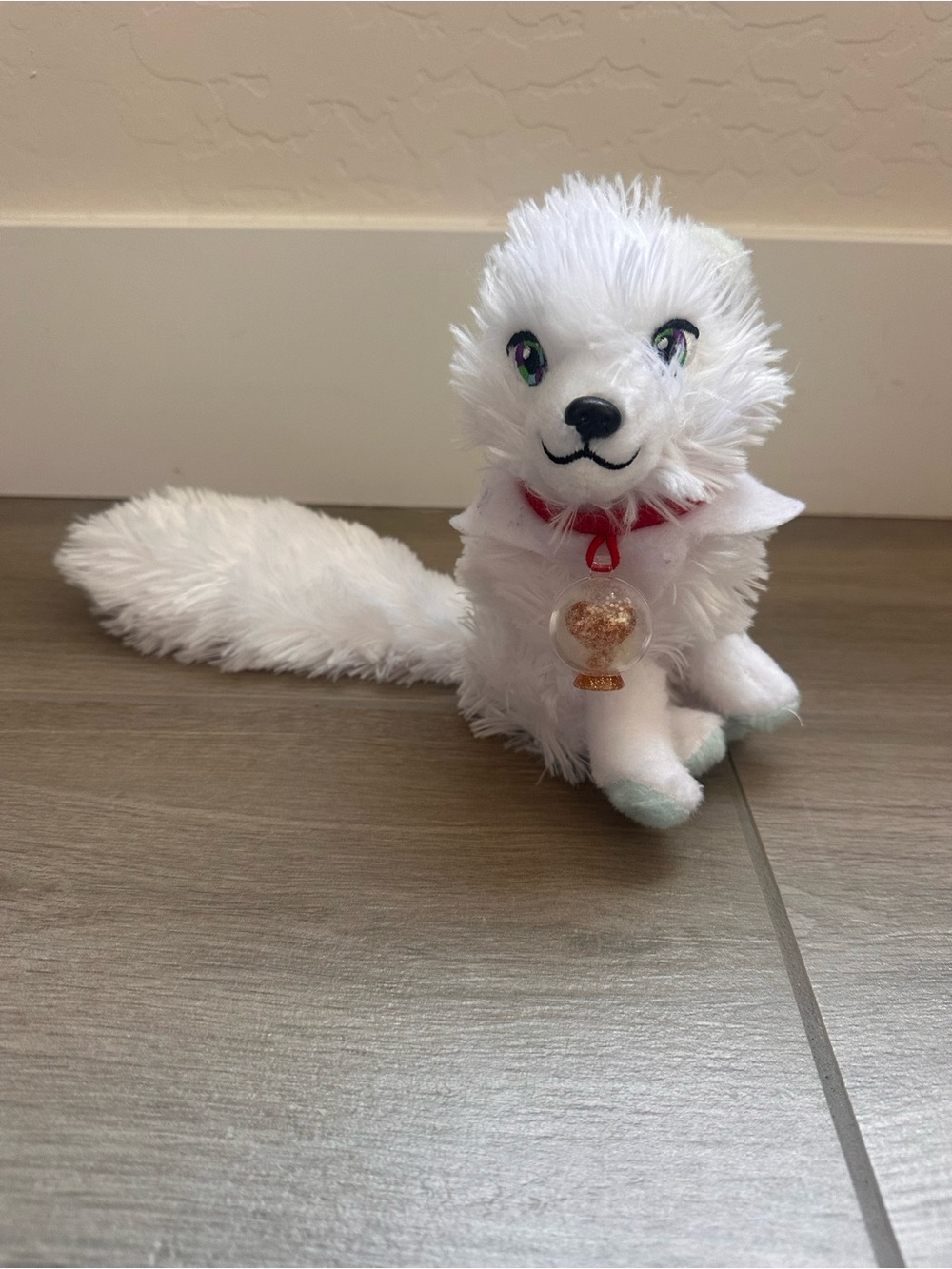 Elf Pets Arctic Fox Stuffed Animal with Red Collar and Globe Charm